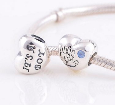 925 Sterling Silver Baby Boy Blue CZ Heart Charm - fits Biagi/Pandora/Troll/All European Bracelets