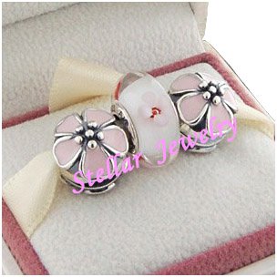 925 Sterling Silver CHERRY BLOSSOM Charms Gift Set - fits European Beads Bracelets