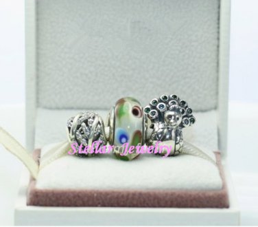 925 Sterling Silver PRETTY PEACOCK Charms Gift Set - fits European Beads Bracelets