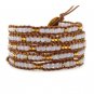 Crystalline Agate/Gold Nugget - 5 Wrap Brown Leather Beaded Boho Badmein Bracelet