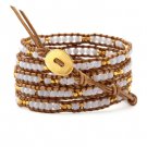 Crystalline Agate/Gold Nugget - 5 Wrap Brown Leather Beaded Boho Badmein Bracelet