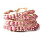 Precious Pink Rhodonite Stones - Bohemian 5 Wrap Dark Brown Leather Boho Bracelet