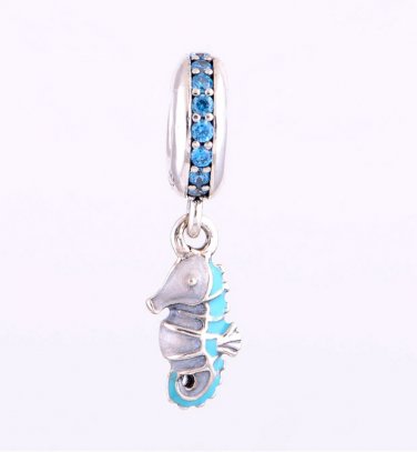 Sterling Silver Tropical Seahorse Teal CZ Turquoise/White Enamel Pendant fits European Bracelets