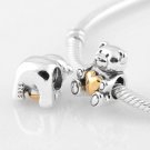 Sterling Silver Gold Heart Teddy Bear Charm - fits Biagi/Pandora/Troll/All European Bracelets