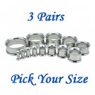 3 Pairs Silver Surgical Steel Ear Tunnels Double Flare Screw Gauge Plugs