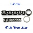 3 Pairs Black Surgical Stainless Steel Screw Back Ear Gauges Flesh Tunnel Plug Stretcher Expander