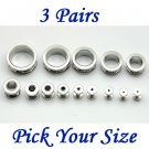 3 Pairs Silver Surgical Stainless Steel Screw Back Ear Gauges Flesh Tunnel Plug Stretcher Expander