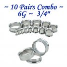 ~10 Pairs Combo~ 316L Surgical Steel Double Flare Screw Ear Gauges Tunnel Plug Kit Stretchers