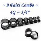 ~9 Pairs Combo~ Black 316L Surgical Steel Double Flare Screw Ear Gauges Tunnel Plug Kit Stretchers