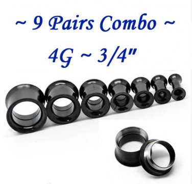 ~9 Pairs Combo~ Black 316L Surgical Steel Double Flare Screw Ear Gauges Tunnel Plug Kit Stretchers