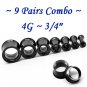 ~9 Pairs Combo~ Black 316L Surgical Steel Double Flare Screw Ear Gauges Tunnel Plug Kit Stretchers