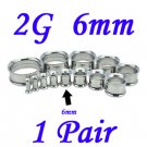 Pair 2G 6mm 316L Surgical Steel Double Flare Threaded Tunnels Ear Plugs Expanders Stretchers