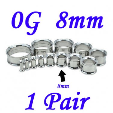 Pair 0G 8mm 316L Surgical Steel Double Flare Threaded Tunnels Ear Plugs Expanders Stretchers