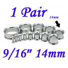 Pair 9/16" 14mm 316L Surgical Steel Double Flare Threaded Tunnels Ear Plugs Expanders Stretchers