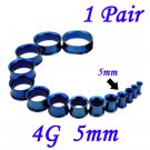 Pair 4G 5mm Blue 316L Surgical Steel Double Flare Threaded Tunnels Ear Plugs Expanders Stretchers