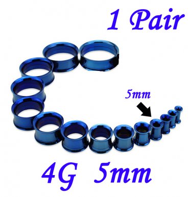 Pair 4G 5mm Blue 316L Surgical Steel Double Flare Threaded Tunnels Ear Plugs Expanders Stretchers