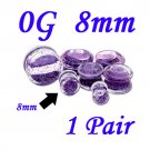 Pair 0G 8mm Double Flare Clear Acrylic Purple Liquid Glitter Saddle Plug
