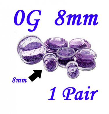 Pair 0G 8mm Double Flare Clear Acrylic Purple Liquid Glitter Saddle Plug