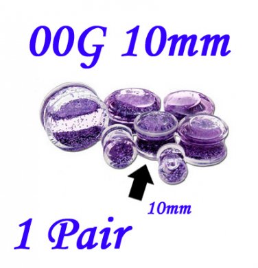 Pair 00G 10mm Double Flare Clear Acrylic Purple Liquid Glitter Saddle Plug