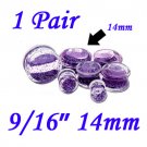 Pair 9/16" 14mm Double Flare Clear Acrylic Purple Liquid Glitter Saddle Plug