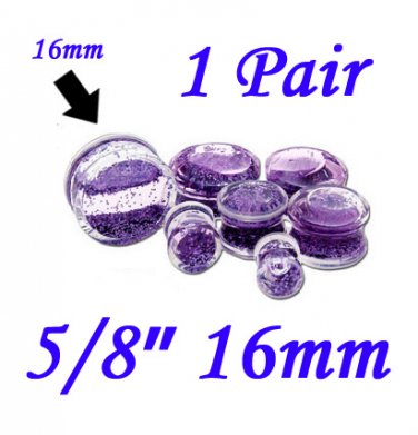 Pair 5/8" 16mm Double Flare Clear Acrylic Purple Liquid Glitter Saddle Plug