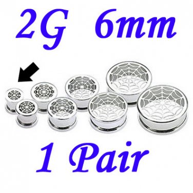 Pair 2G 6mm 316L Surgical Steel Screw Fit Tunnels Spider Web Design Ear Plugs Earlets Gauges