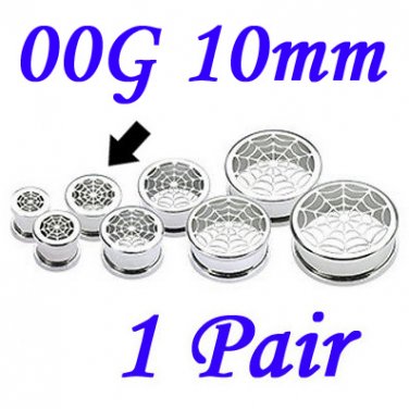 Pair 00G 10mm 316L Surgical Steel Screw Fit Tunnels Spider Web Design Ear Plugs Earlets Gauges