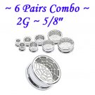 ~6 Pairs Combo~ 316L Surgical Steel Screw Fit Tunnels Spider Web Design Ear Plugs Kit Earlets Gauges