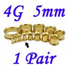 Pair 4G 5mm Gold 316L Surgical Steel Double Flare Threaded Tunnels Ear Plugs Expanders Stretchers
