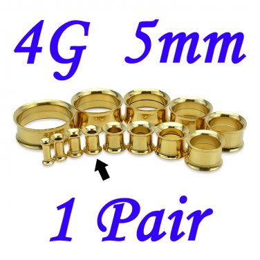 Pair 4G 5mm Gold 316L Surgical Steel Double Flare Threaded Tunnels Ear Plugs Expanders Stretchers