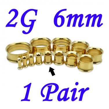 Pair 2G 6mm Gold 316L Surgical Steel Double Flare Threaded Tunnels Ear Plugs Expanders Stretchers