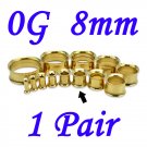 Pair 0G 8mm Gold 316L Surgical Steel Double Flare Threaded Tunnels Ear Plugs Expanders Stretchers