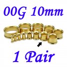Pair 00G 10mm Gold 316L Surgical Steel Double Flare Threaded Tunnels Ear Plugs Expanders Stretchers