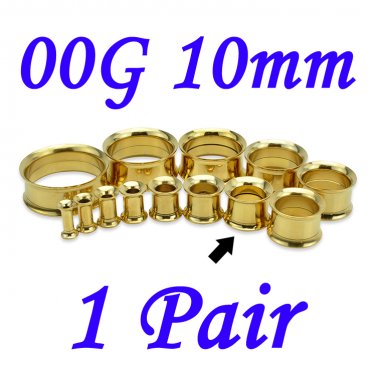 Pair 00G 10mm Gold 316L Surgical Steel Double Flare Threaded Tunnels Ear Plugs Expanders Stretchers