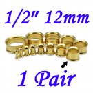 Pair 1/2" 12mm Gold 316L Surgical Steel Double Flare Threaded Tunnel Ear Plugs Expander Stretcher
