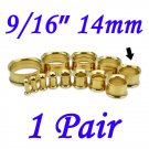 Pair 9/16" 14mm Gold 316L Surgical Steel Double Flare Threaded Tunnel Ear Plugs Expander Stretcher