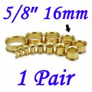 Pair 5/8" 16mm Gold 316L Surgical Steel Double Flare Threaded Tunnel Ear Plugs Expander Stretcher
