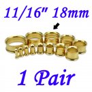 Pair 11/16" 18mm Gold 316L Surgical Steel Double Flare Threaded Tunnel Ear Plugs Expander Stretcher
