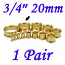 Pair 3/4" 20mm Gold 316L Surgical Steel Double Flare Threaded Tunnel Ear Plugs Expander Stretcher