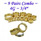 ~9 Pairs Combo~ Gold 316L Surgical Steel Double Flare Screw Ear Gauges Tunnel Plug Kit Stretchers