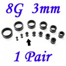 Pair 8G 3mm Black Single Flare 316L Surgical Steel Flesh Tunnels Ear Plug Expanders Gauges