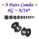 ~8 Pairs Combo~ Black Single Flare 316L Surgical Steel Flesh Tunnels Ear Plug Kit Expanders Gauges