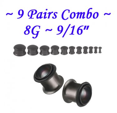 ~8 Pairs Combo~ Black Single Flare 316L Surgical Steel Flesh Tunnels Ear Plug Kit Expanders Gauges