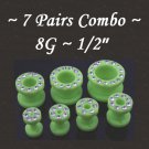 ~7 Pairs Combo~ Green CZ Acrylic UV Fresh Tunnels / Earlet Ear Plugs Gauges Body Jewelry