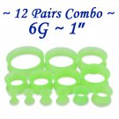 ~12 Pairs Combo~ Green Soft Flexible Silicon Earskin Ear Tunnel Plugs Double Flared 4 to 25mm