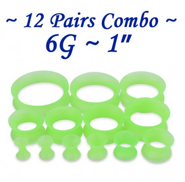 ~12 Pairs Combo~ Green Soft Flexible Silicon Earskin Ear Tunnel Plugs Double Flared 4 to 25mm