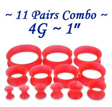 ~11 Pairs Combo~ Red Soft Flexible Silicon Earskin Ear Tunnel Plugs Double Flared 4 to 25mm