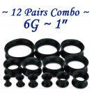 ~12 Pairs Combo~ Black Soft Flexible Silicon Earskin Ear Tunnel Plugs Double Flared 4 to 25mm