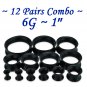 ~12 Pairs Combo~ Black Soft Flexible Silicon Earskin Ear Tunnel Plugs Double Flared 4 to 25mm