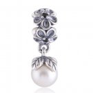 Sterling Silver White Pearl Viola Bloom Dangle Charm - fits European Beads Bracelets
